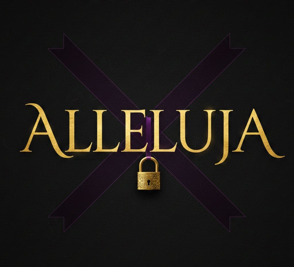 Złoty napis Alleluja na czarnym tle z fioletowym symbolem postu i złotą kłódką – grafika wyróżniająca artykuł o liturgii Wielkiego Postu