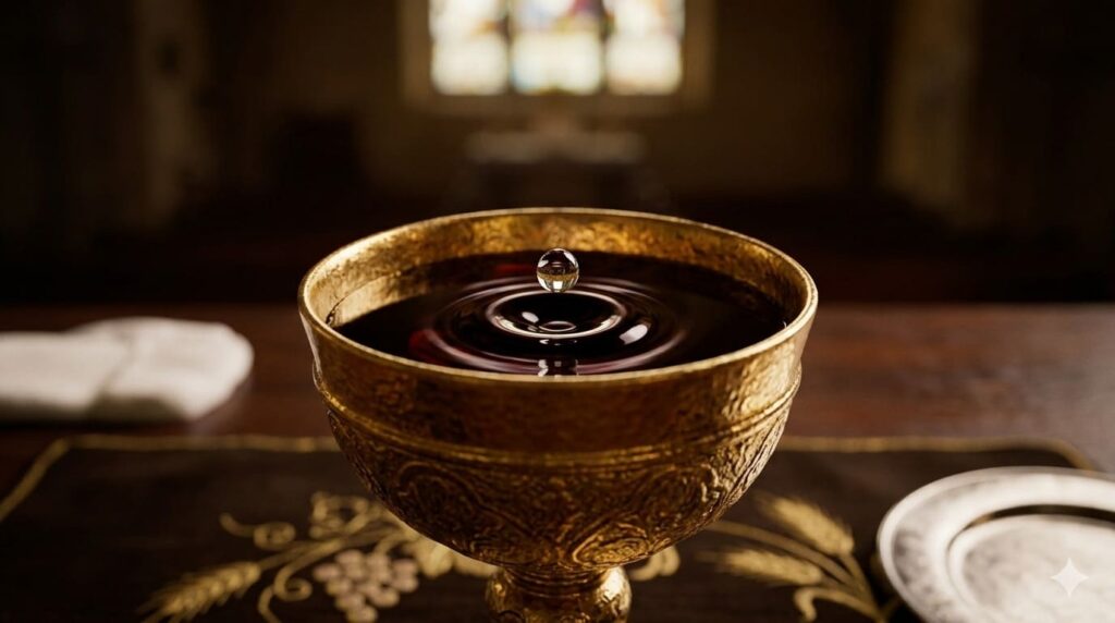 Złoty kielich mszalny z winem i spadającą kroplą wody, symbolika liturgiczna wody i wina podczas Mszy Świętej, wnętrze kościoła w tle.