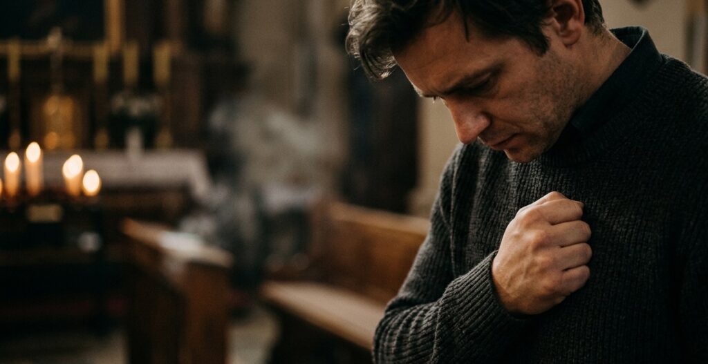 Zbliżenie na męską dłoń uderzającą w klatkę piersiową podczas aktu pokuty w kościele, symbolizujące gest bicia się w pierś