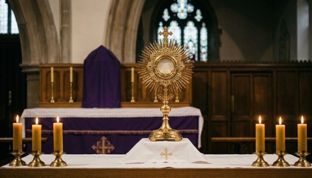 Monstrancja na ołtarzu podczas nabożeństwa Gorzkich Żalów w polskim kościele.