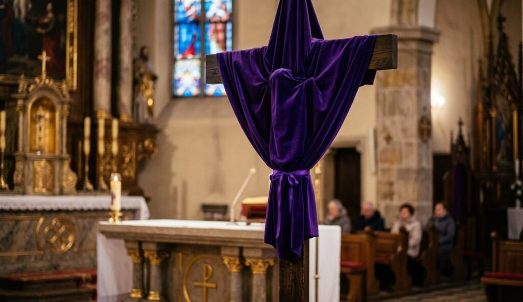 Zasłonięty fioletowym płótnem krzyż w kościele podczas Wielkiego Postu.