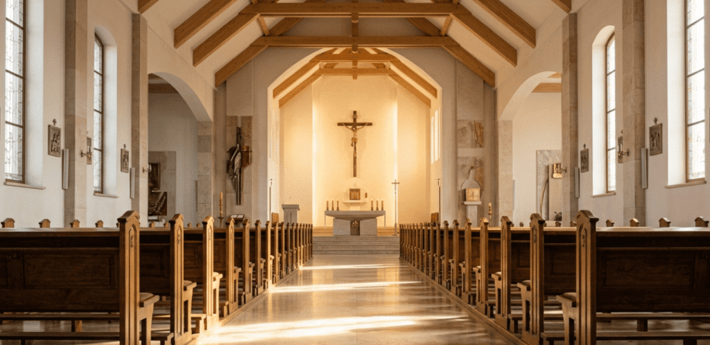 Wypolerowane drewniane ławki i klęczniki w jasnym wnętrzu kościoła, prowadzące wzrok w stronę ołtarza – postawy liturgiczne w praktyce.